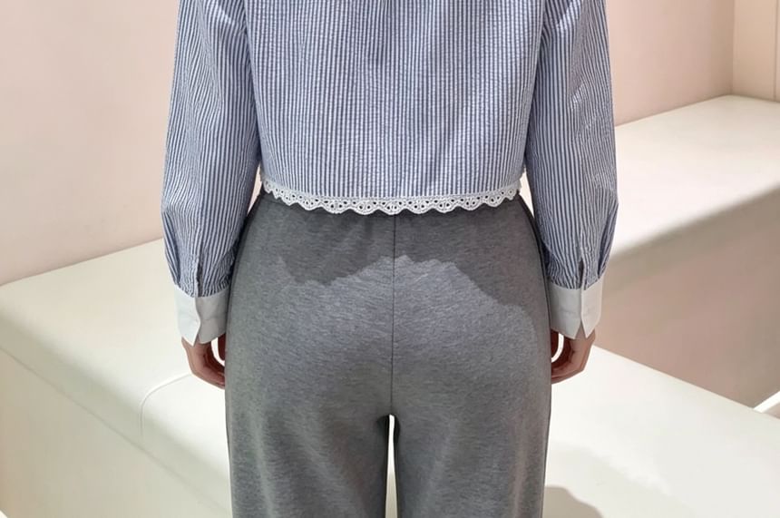 Long-Sleeve Striped Lace Trim Button-Up Crop Shirt
