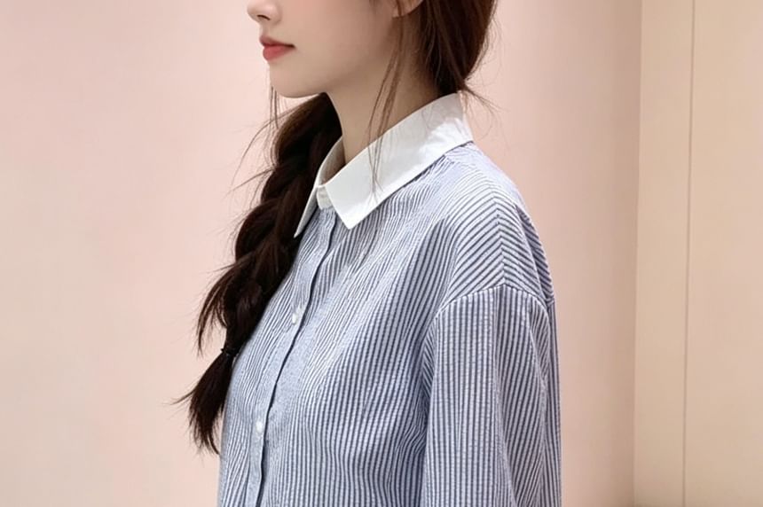 Long-Sleeve Striped Lace Trim Button-Up Crop Shirt