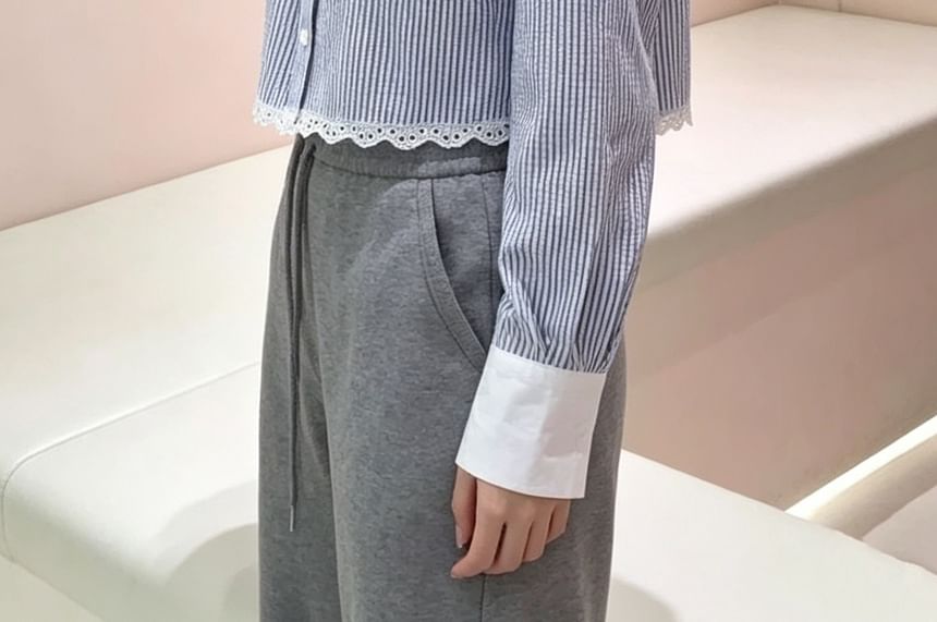 Long-Sleeve Striped Lace Trim Button-Up Crop Shirt
