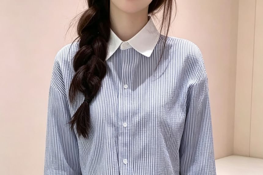 Long-Sleeve Striped Lace Trim Button-Up Crop Shirt