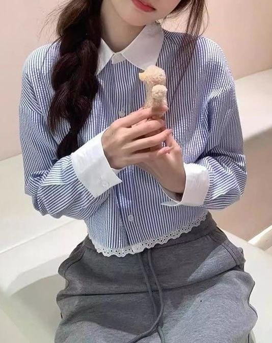 Long-Sleeve Striped Lace Trim Button-Up Crop Shirt