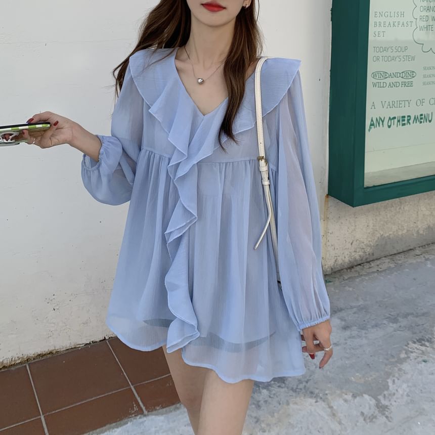 Set: Long-Sleeve V-Neck Plain Ruffle Trim Blouse + Camisole Top