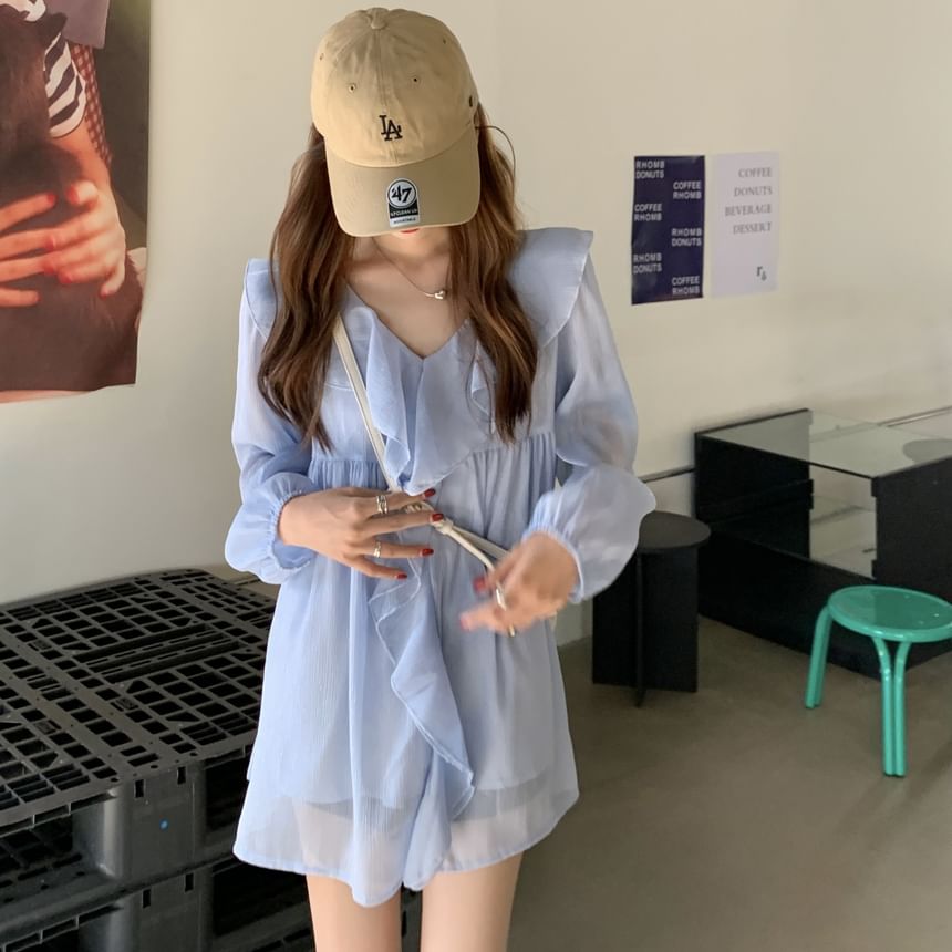 Set: Long-Sleeve V-Neck Plain Ruffle Trim Blouse + Camisole Top