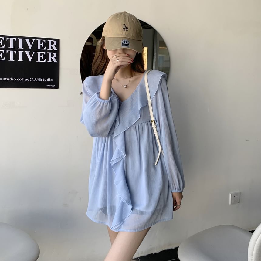 Set: Long-Sleeve V-Neck Plain Ruffle Trim Blouse + Camisole Top