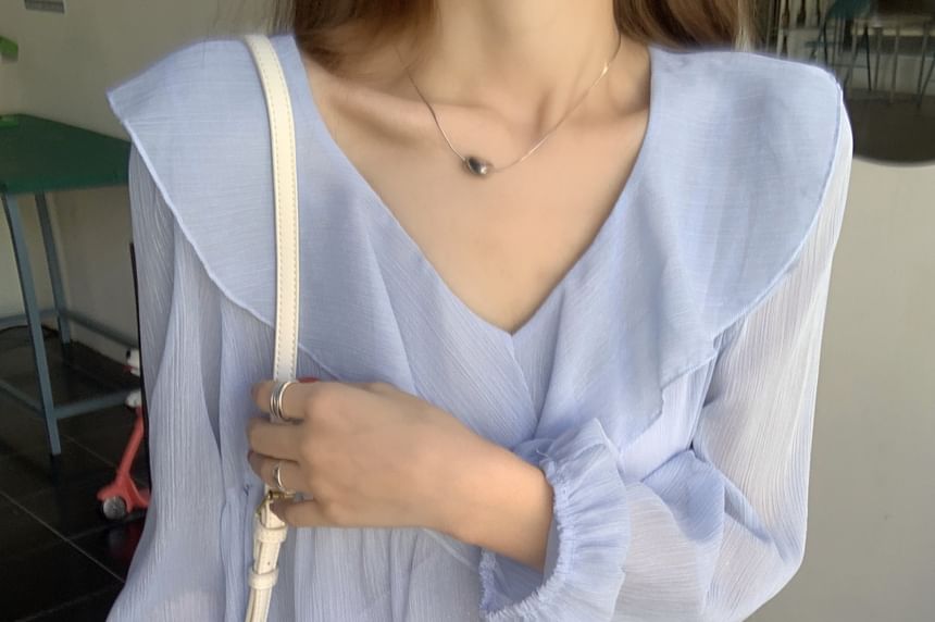 Set: Long-Sleeve V-Neck Plain Ruffle Trim Blouse + Camisole Top