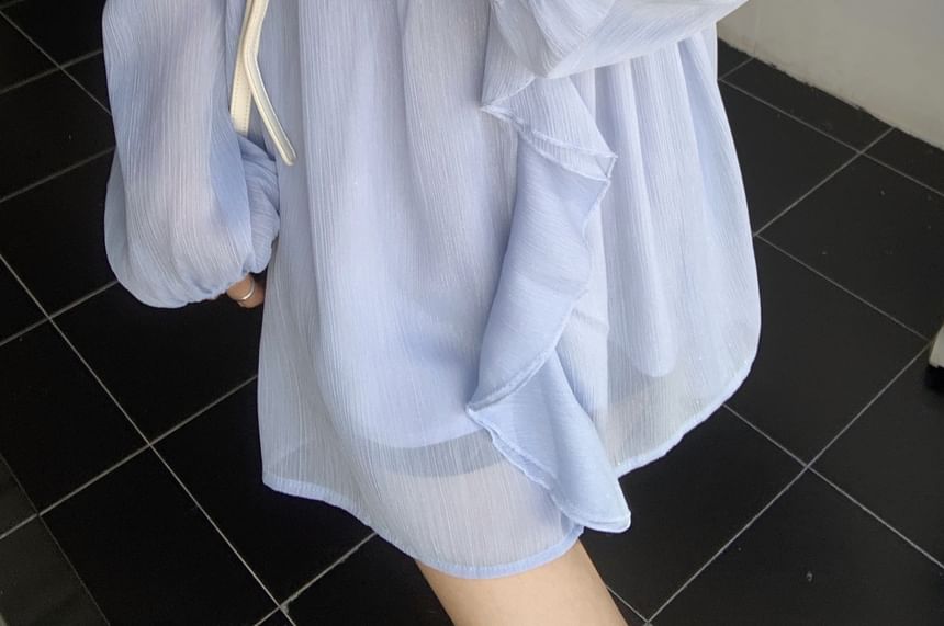 Set: Long-Sleeve V-Neck Plain Ruffle Trim Blouse + Camisole Top
