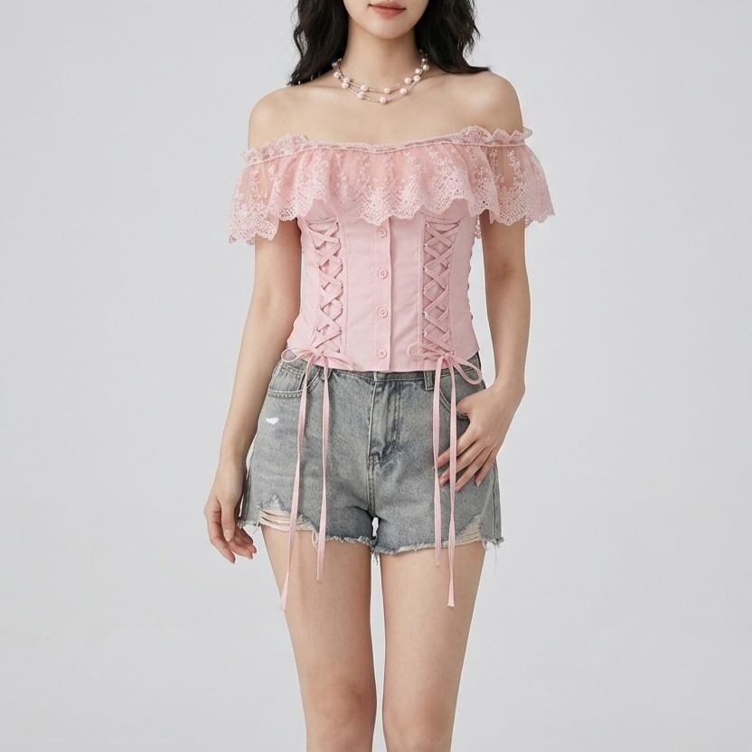 Cap-Sleeve Square Neck Lace-Up Crop Top