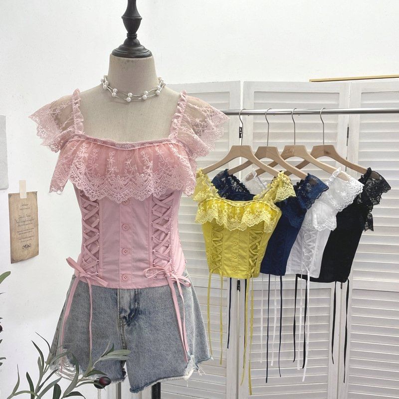 Cap-Sleeve Square Neck Lace-Up Crop Top