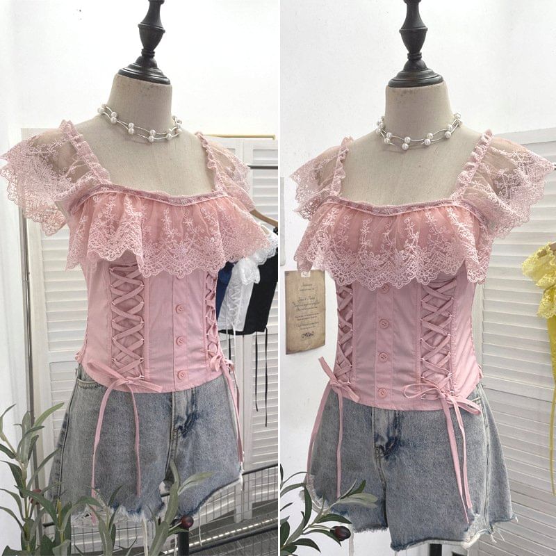 Cap-Sleeve Square Neck Lace-Up Crop Top