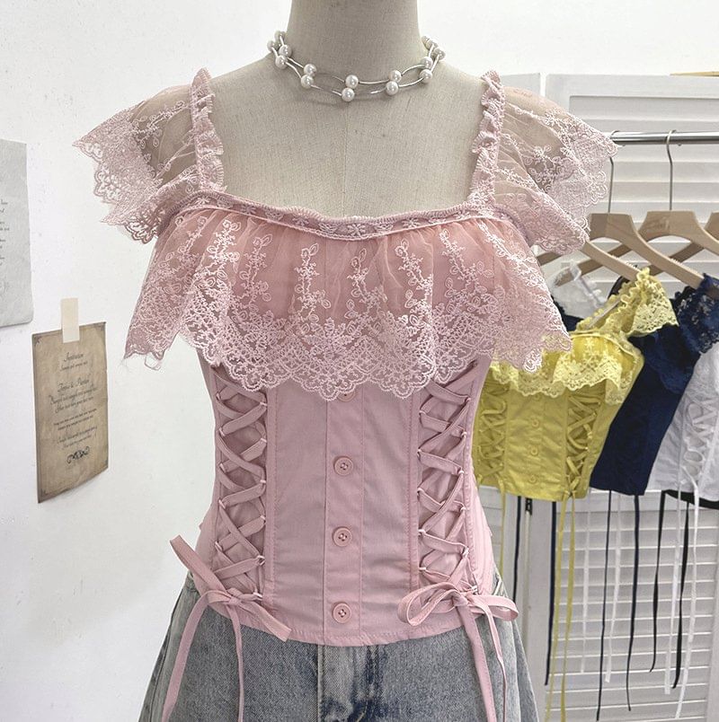 Lace Panel Cap-Sleeve Square Neck Lace-Up Crop Top