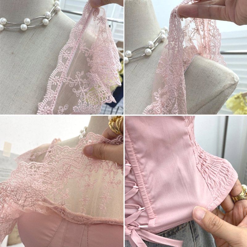 Lace Panel Cap-Sleeve Square Neck Lace-Up Crop Top