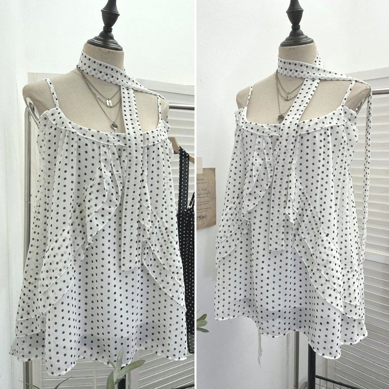 Set: Scoop Neck Polka Dot Ruffle Camisole + Scarf