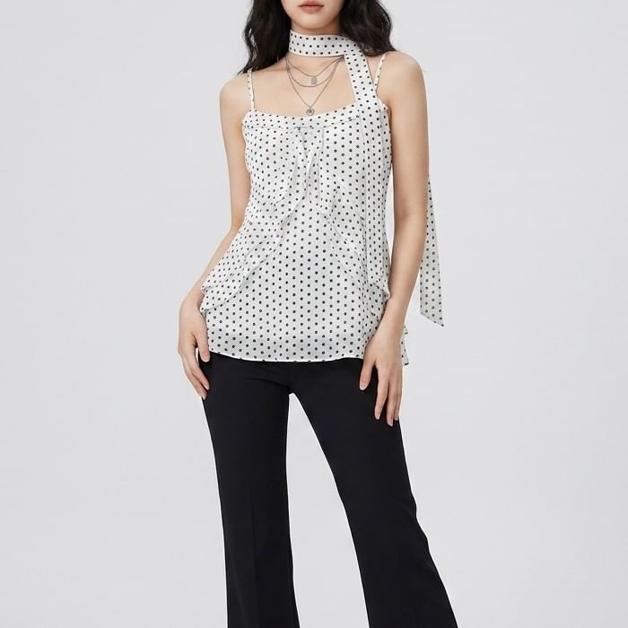 Set: Scoop Neck Polka Dot Ruffle Camisole + Scarf