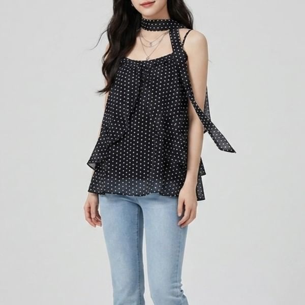 Set: Scoop Neck Polka Dot Ruffle Camisole + Scarf