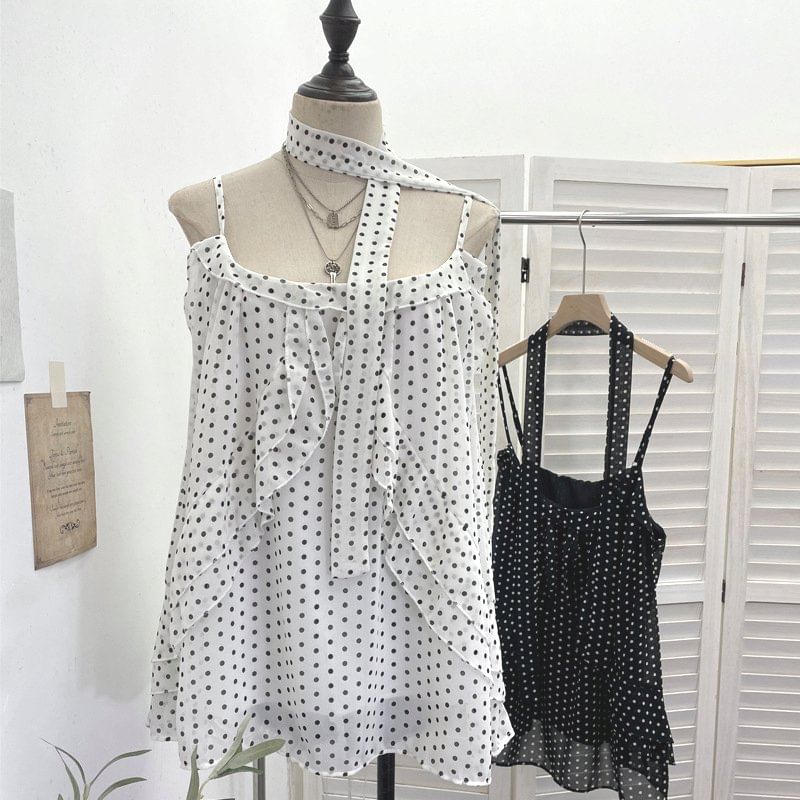 Set: Scoop Neck Polka Dot Ruffle Camisole + Scarf