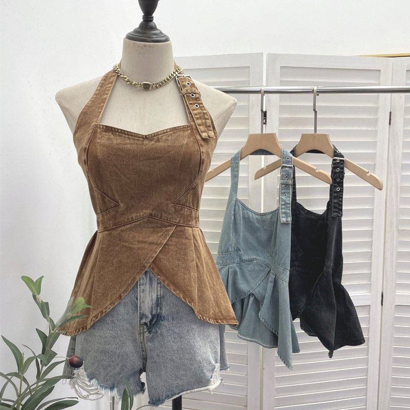 Halter Buckled Open Back Denim Crop Top