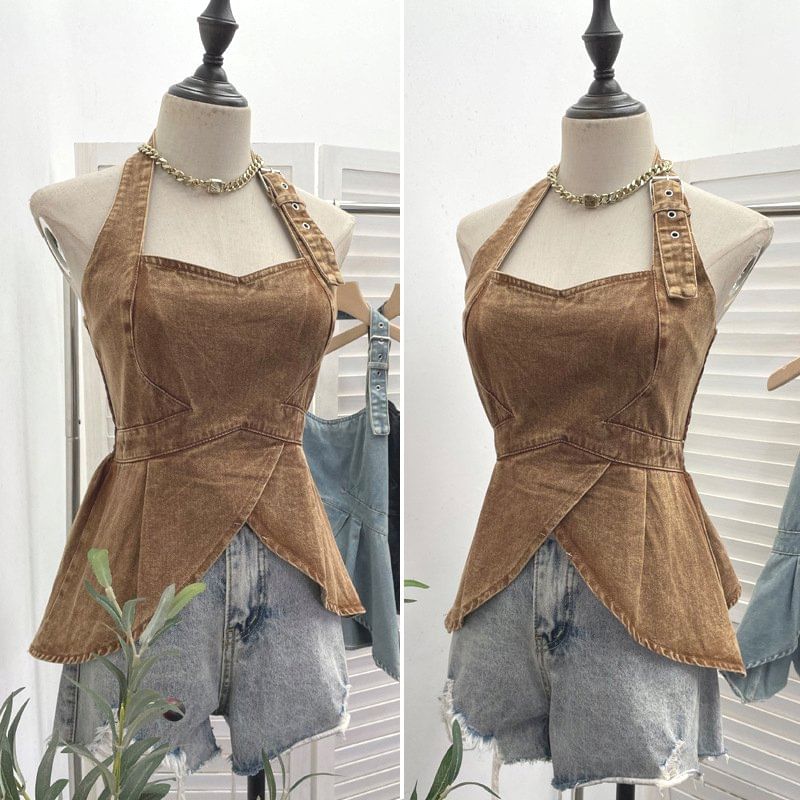 Halter Buckled Open Back Denim Crop Top