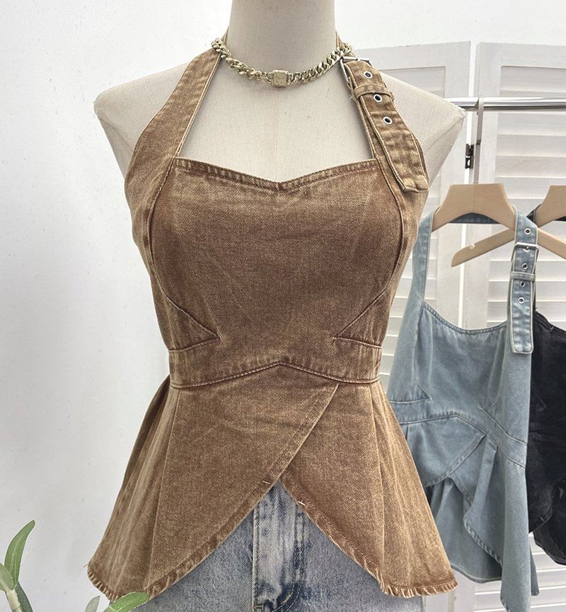 Buckled Open Back Denim Halter Crop Top