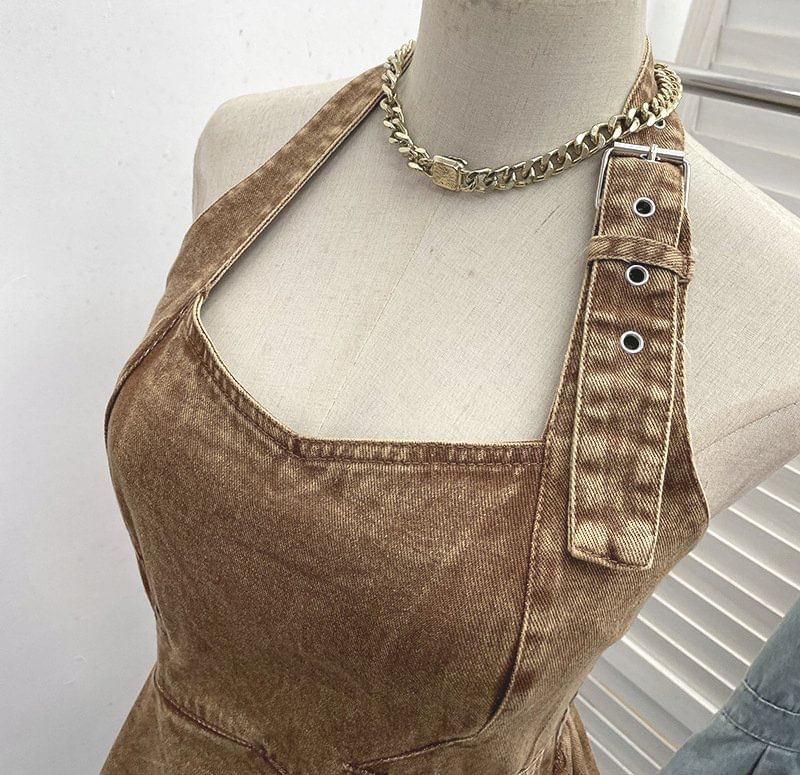 Buckled Open Back Denim Halter Crop Top