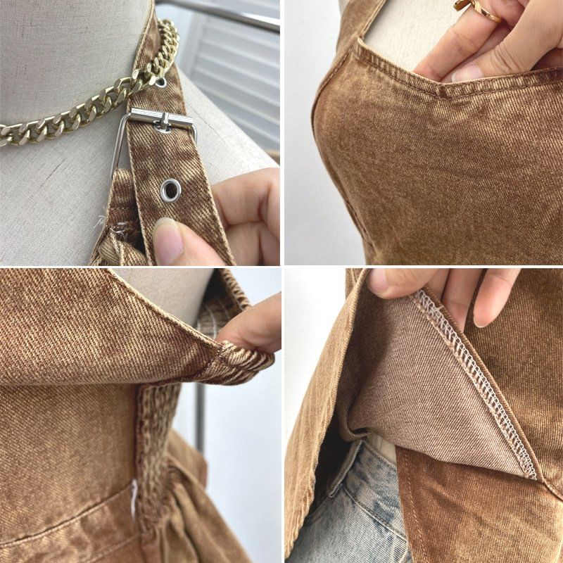 Halter Buckled Open Back Denim Crop Top