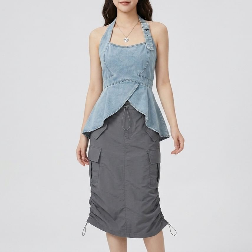 Buckled Open Back Denim Halter Crop Top