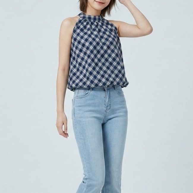 Plaid Halter Neck Bubble Hem Top