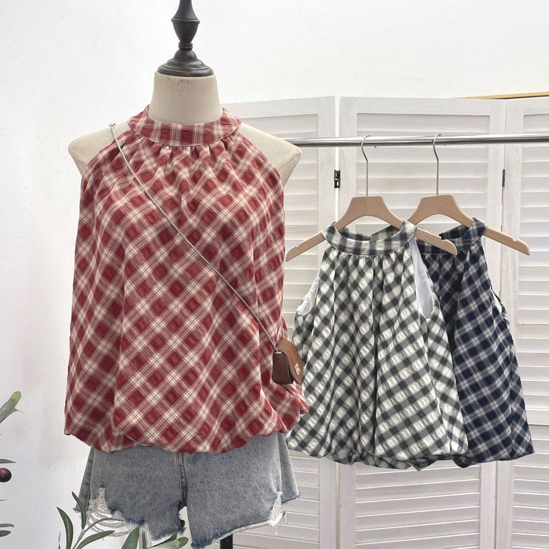Plaid Halter Neck Bubble Hem Top