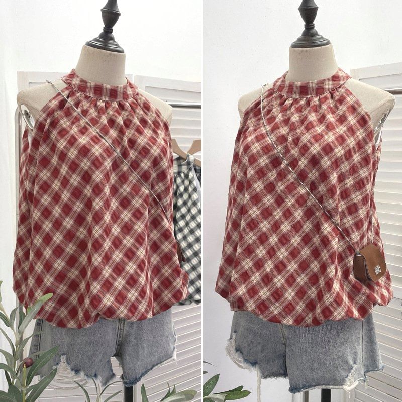 Plaid Halter Neck Bubble Hem Top