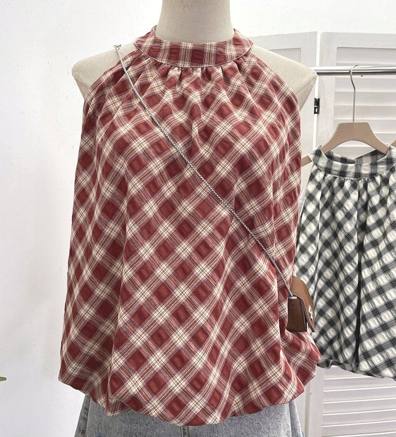 Plaid Halter Neck Bubble Hem Top
