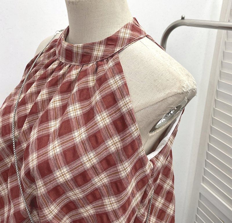 Plaid Halter Neck Bubble Hem Top