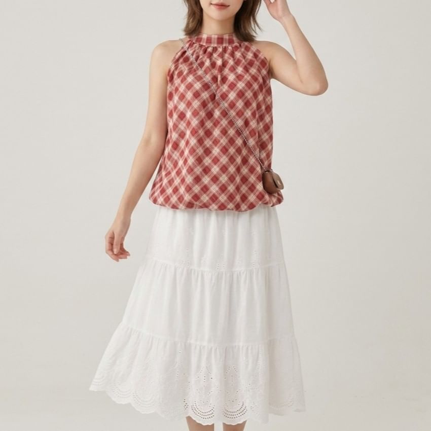 Plaid Halter Neck Bubble Hem Top