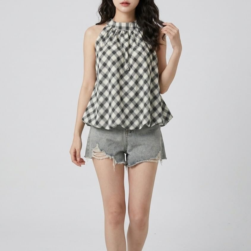 Halter Plaid Bubble Hem Top