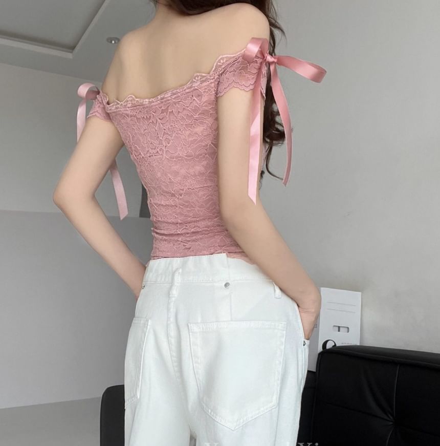 Sleeveless Off Shoulder Plain Bow Lace Top