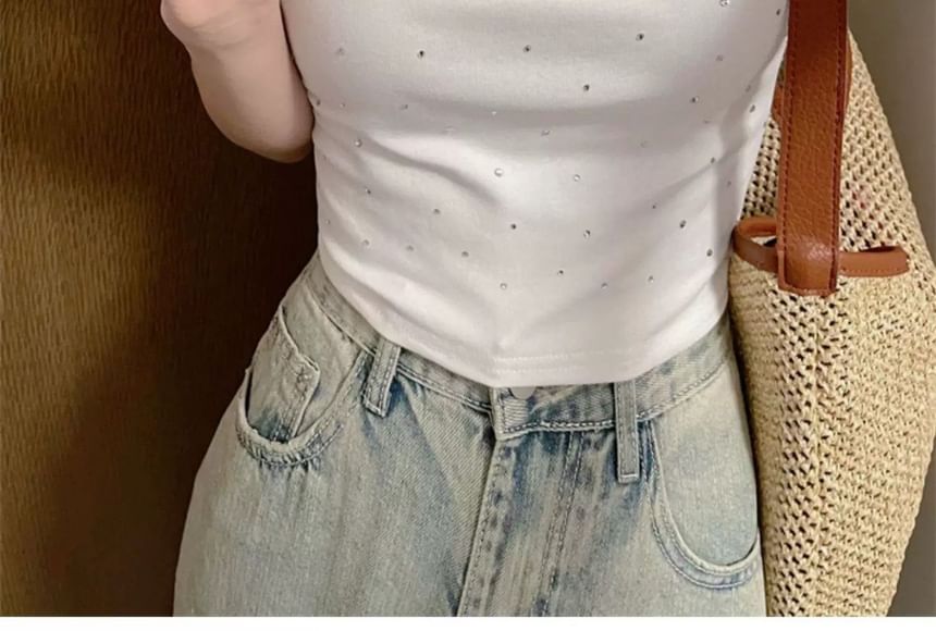 Short Sleeve Scoop Neck Plain Rhinestone T-Shirt