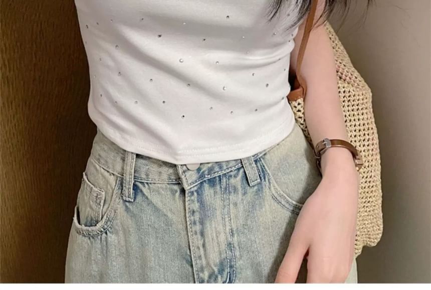Short Sleeve Scoop Neck Plain Rhinestone T-Shirt