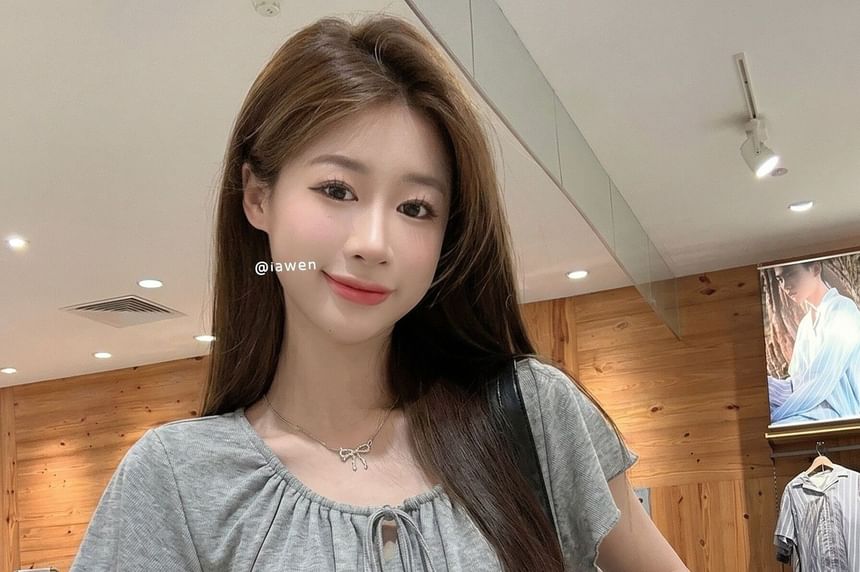 Short Sleeve Tie Neck Plain Top