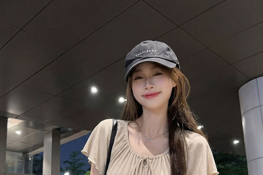 Short Sleeve Tie Neck Plain Top