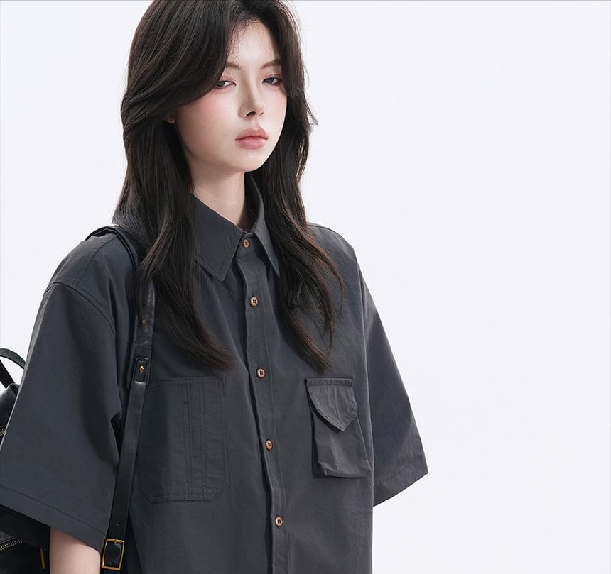 Short-Sleeve Collared Plain Button Up Oversized Shirt