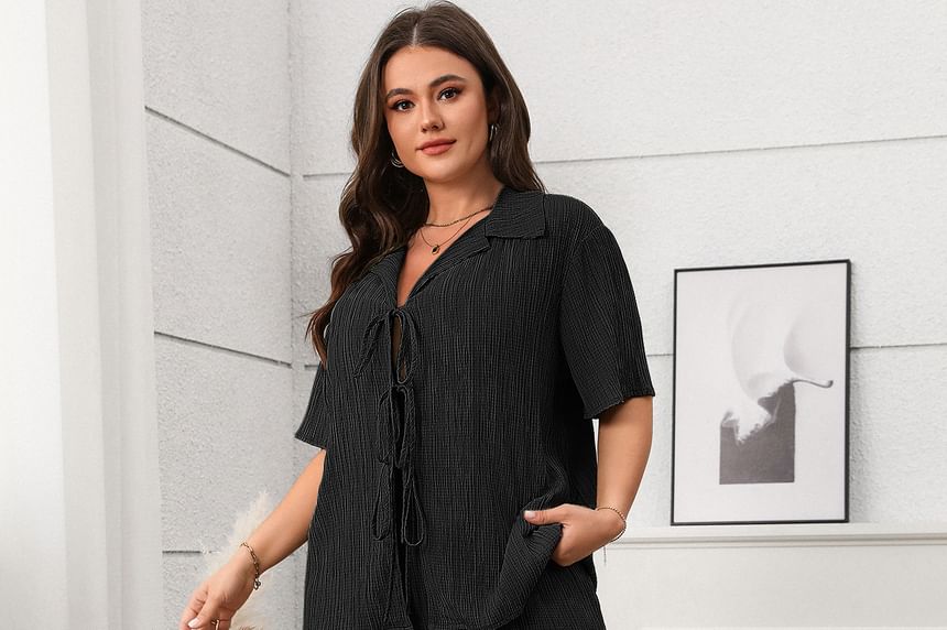 Plus Size Set: Short-Sleeve V-Neck Plain Blouse + Mid Rise Wide Leg Pants [XL-4XL]