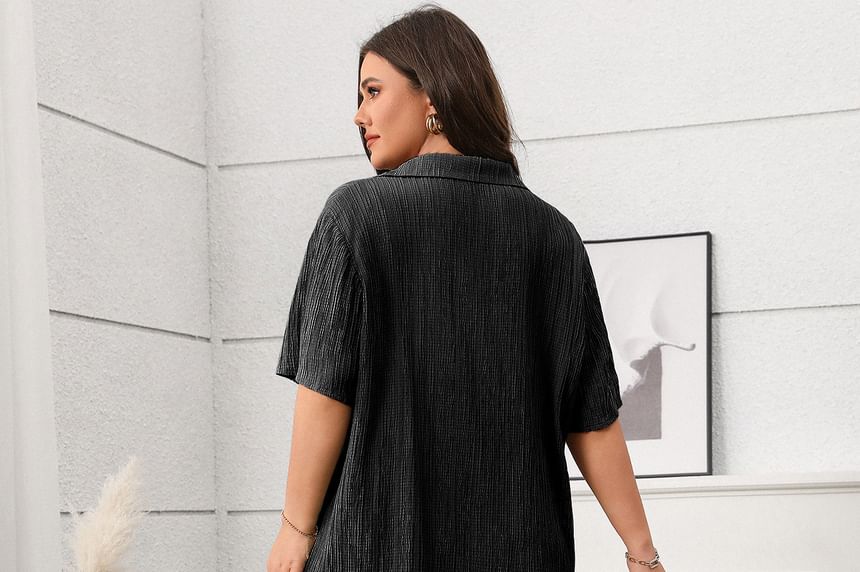 Plus Size Set: Short-Sleeve V-Neck Plain Blouse + Mid Rise Wide Leg Pants [XL-4XL]