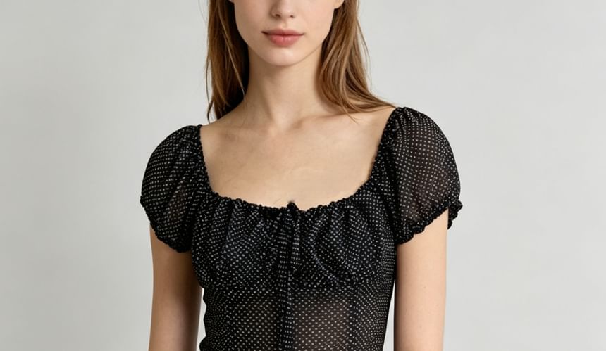 Puff-Sleeve Polka Dot Sheer Tie-Front Blouse