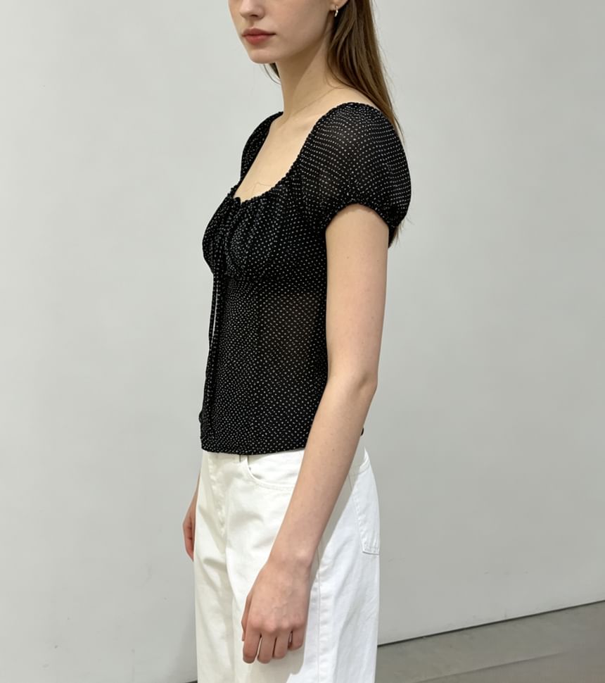 Polka Dot Puff Sleeve Sheer Tie-Front Blouse