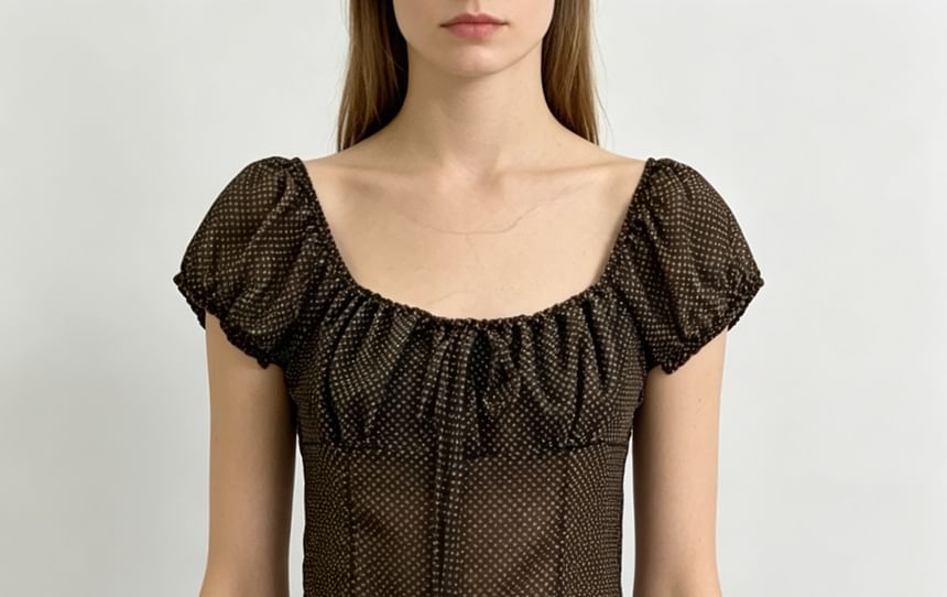 Puff-Sleeve Polka Dot Sheer Tie-Front Blouse