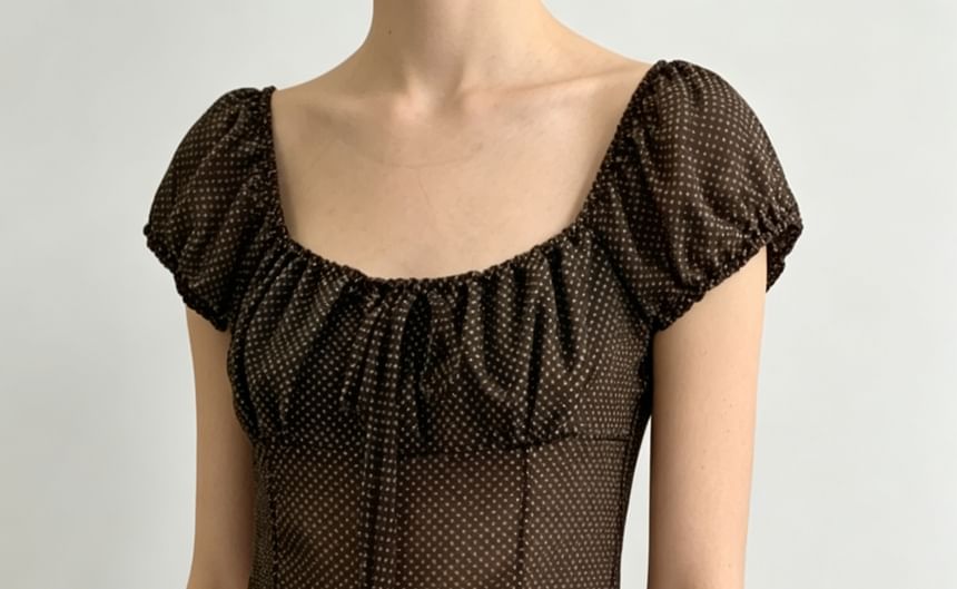 Polka Dot Puff Sleeve Sheer Tie-Front Blouse