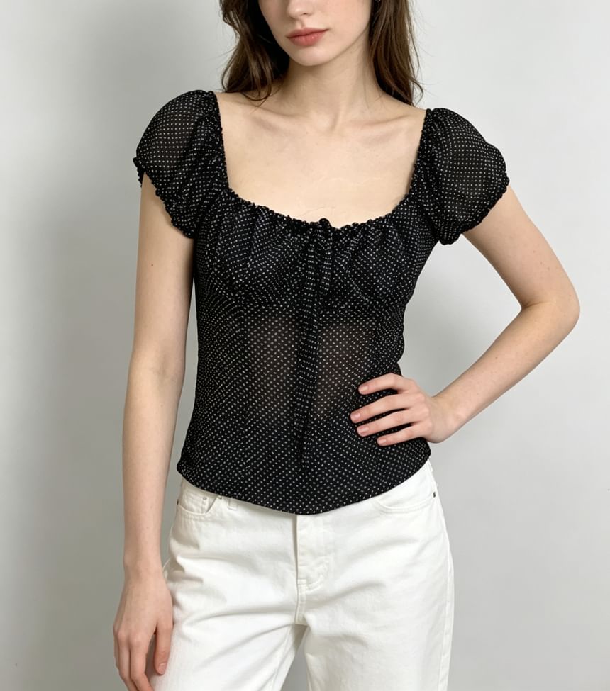 Polka Dot Puff Sleeve Sheer Tie-Front Blouse