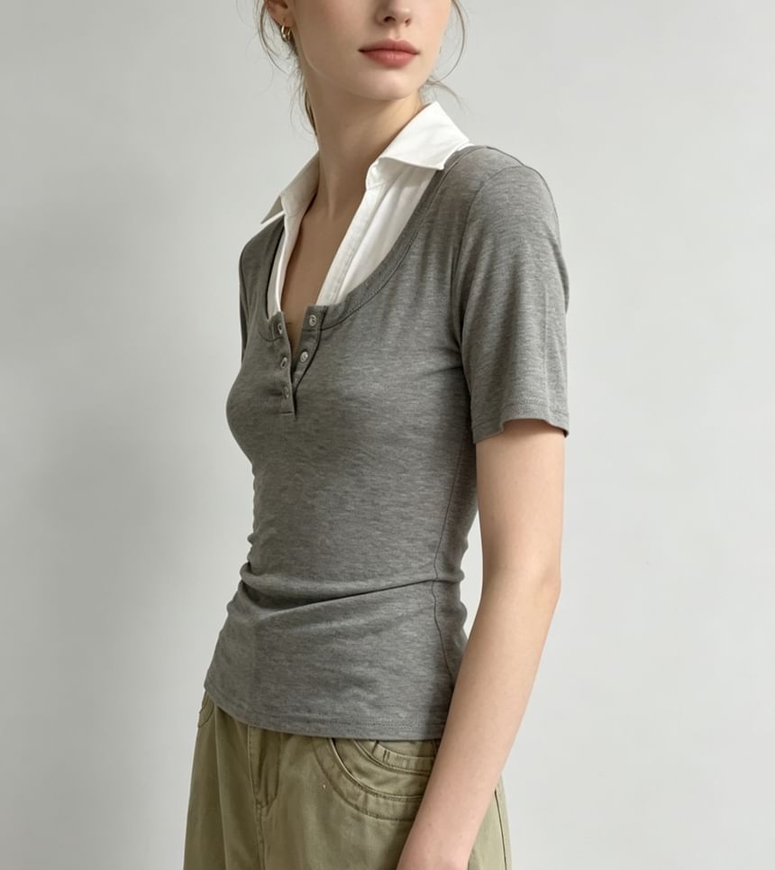 Color-Block Mock Two-Piece Collared Top