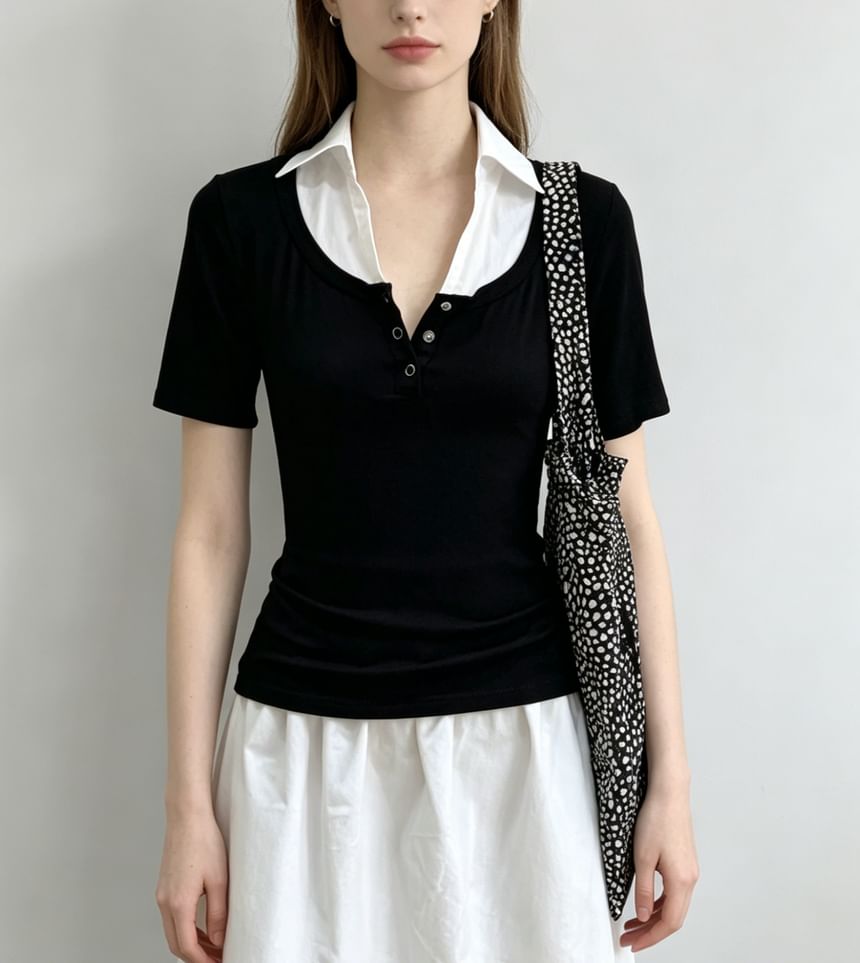 Color-Block Mock Two-Piece Collared Top