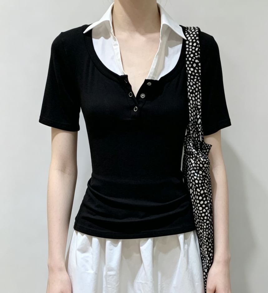 Color-Block Mock Two-Piece Collared Top