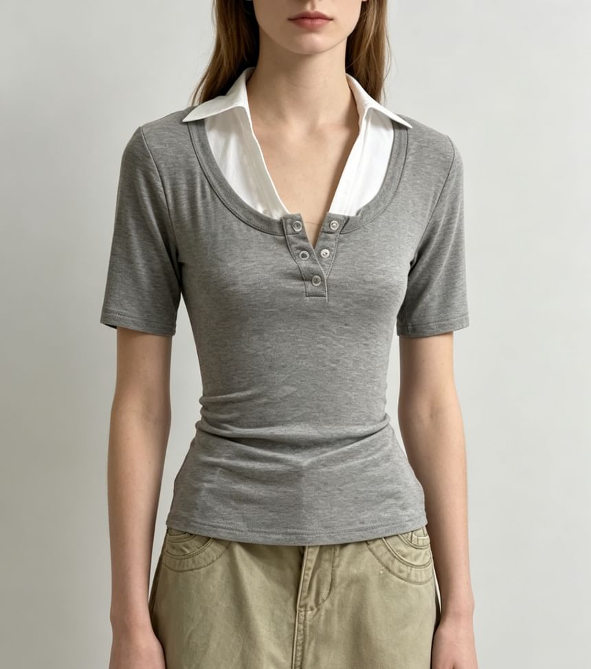 Color-Block Mock Two-Piece Collared Top