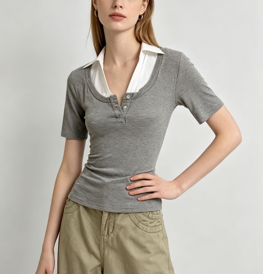 Color-Block Mock Two-Piece Collared Top